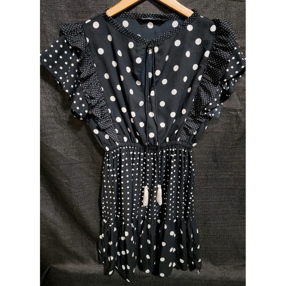 Zara Women Dress Contrast Polka Dots Ruffle Party Midi Sz XS‎ Black White NEW - Picture 2 of 11